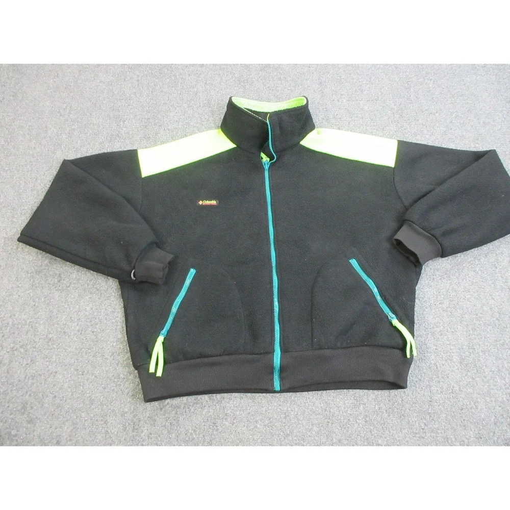 Vintage Columbia Fleece Jacket Mens XL‎ Black Bomber Neon Zip USA Made 90s
